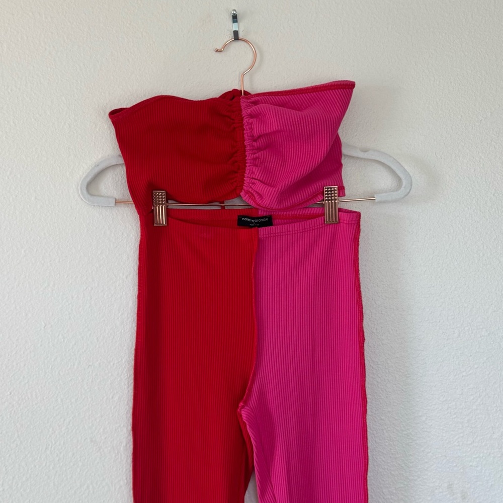 Naked Wardrobe Set Outfit Red Pink Crop Top Flare Leggings Colorblock Tall S - Picture 4 of 10